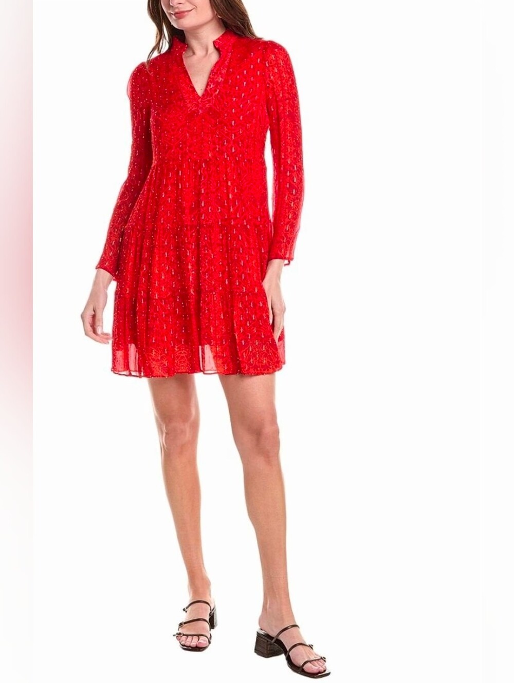 Sail to Sable Red Tropical Block Long-Sleeve V-Neck Mini Dress